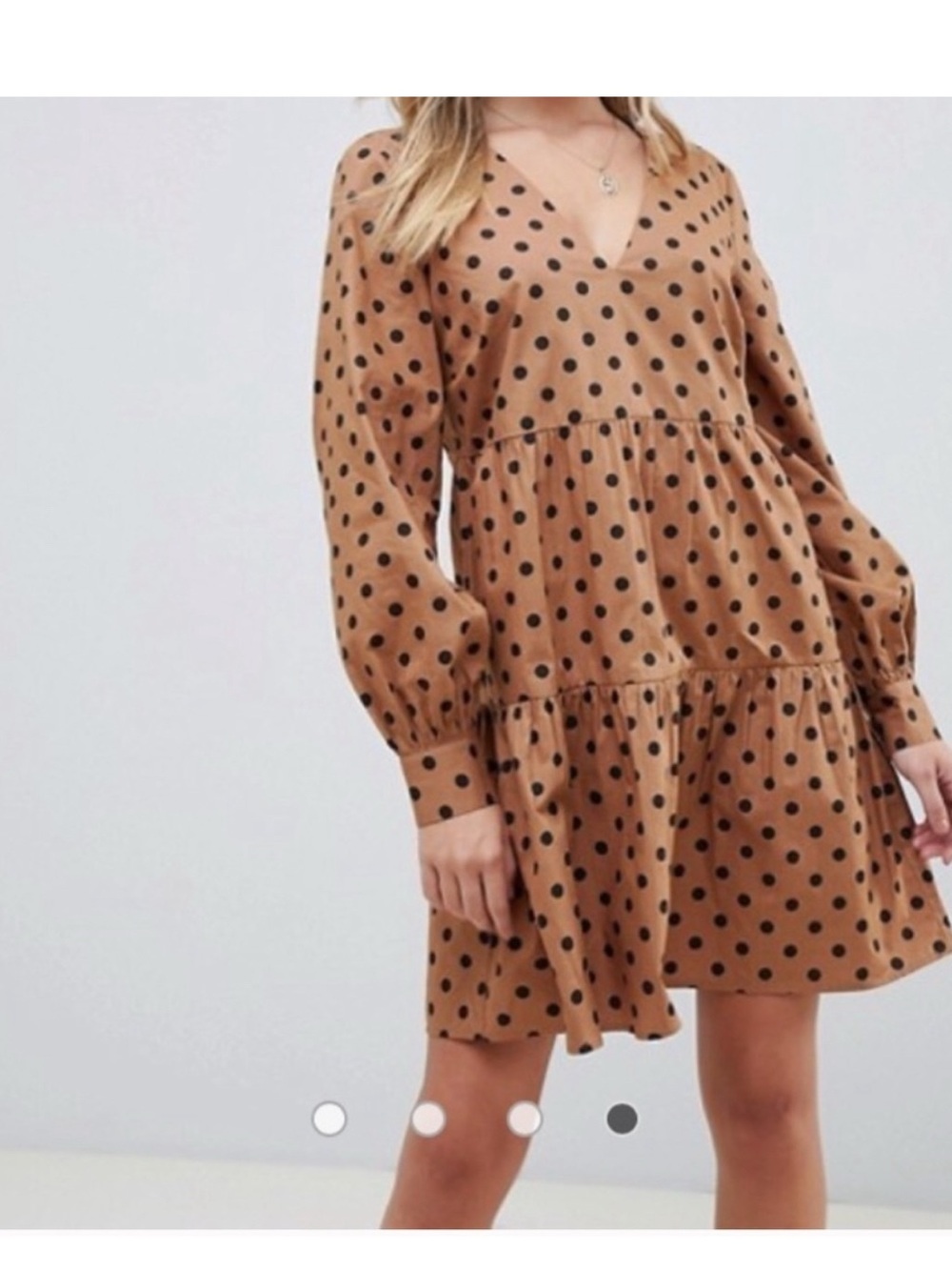 ASOS Camel and Black Polka Dot Tiered V-Neck Mini Dress